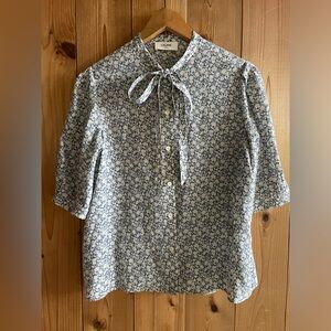Celine Paris Silk Button Down Floral Bow Blouse 36